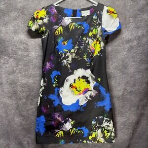 MIlly Chloe Midnight Floral Mini Shift Dress Womens Size 2 Black Blue Cap Sleeve